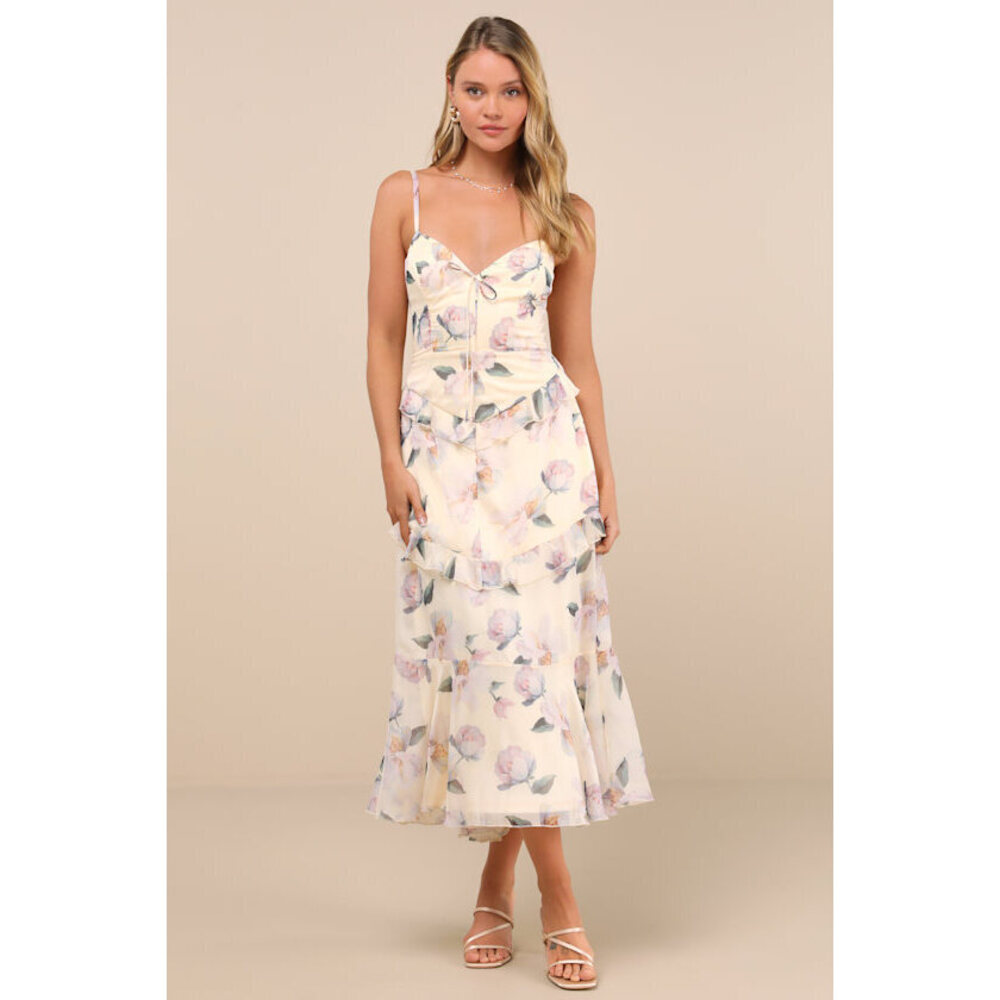 Lulus Idonea Light Yellow Floral Ruffled Lace-up Midi Dress - Size M
